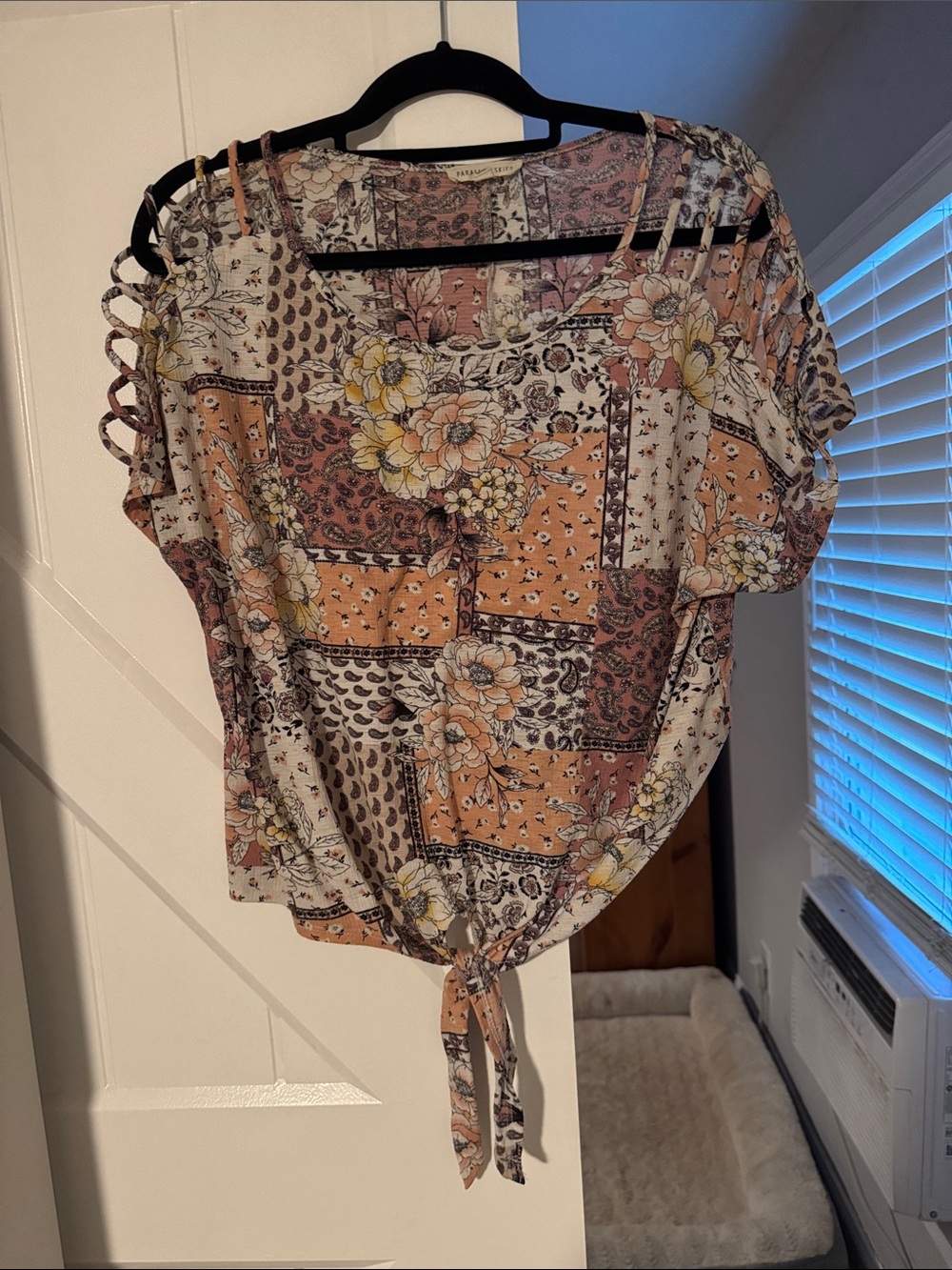 Floral Patchwork Tie-Front Blouse in Peach